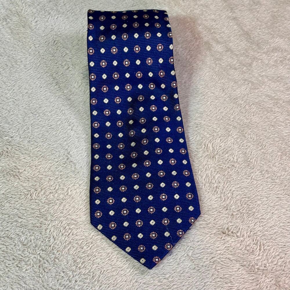 Roundtree & Yorke 100% Silk Tie Blue Geometric Pattern Classic Mens